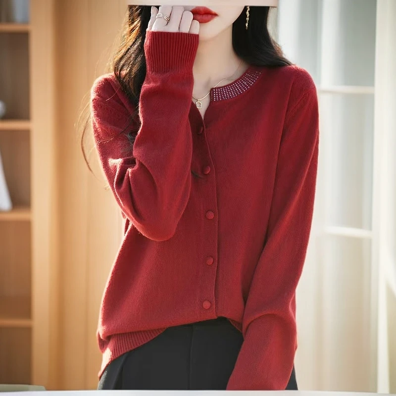 无品牌春季毛针织开衫法式时尚新款领口钉珠女气质百搭显瘦毛衣