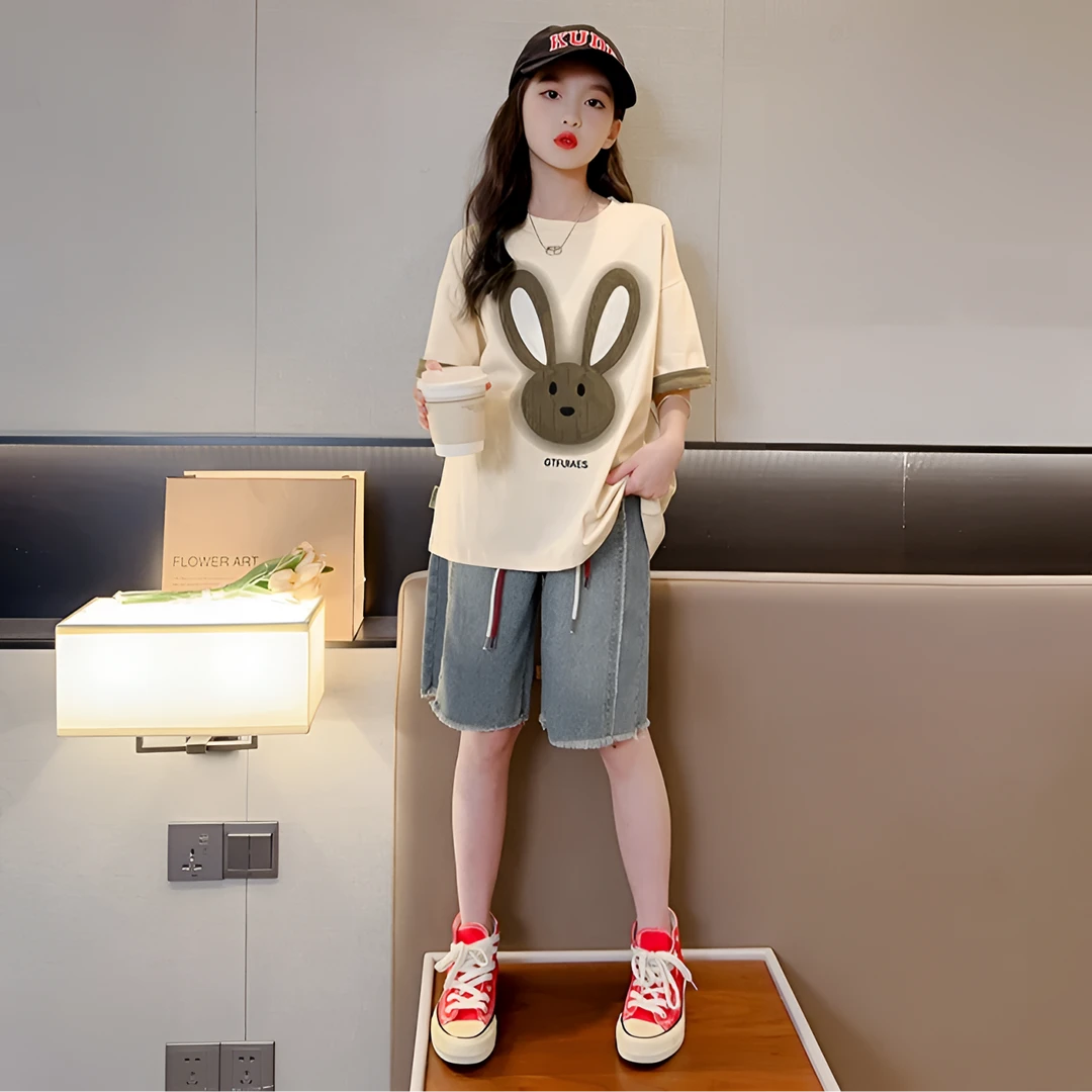 女童夏季洋气时尚短袖15中大儿童运动女孩休闲牛仔潮款短裤夏装