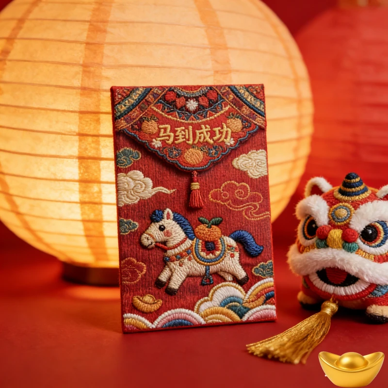 马年春节创意5D立体毛绒刺绣风格卡通压岁钱利是封