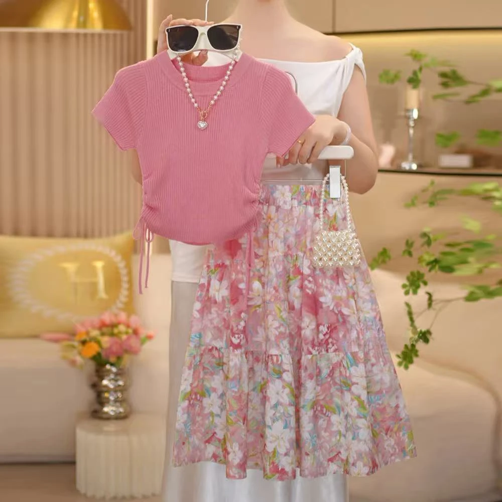 【fl】女童001夏季新款时尚洋气针织短袖T恤碎花公主长裙凉快套装潮