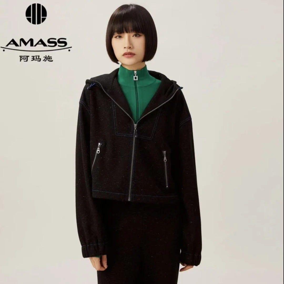 AMASS/阿玛施新款百搭时尚休闲感短款黑色连帽羊毛外套5400346