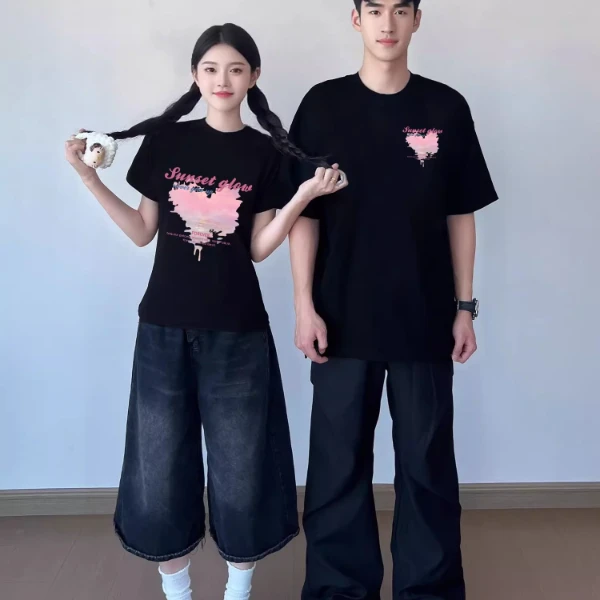 （2件装）情侣装短袖t恤男女一长一短2025夏季新款修身显瘦纯棉短袖