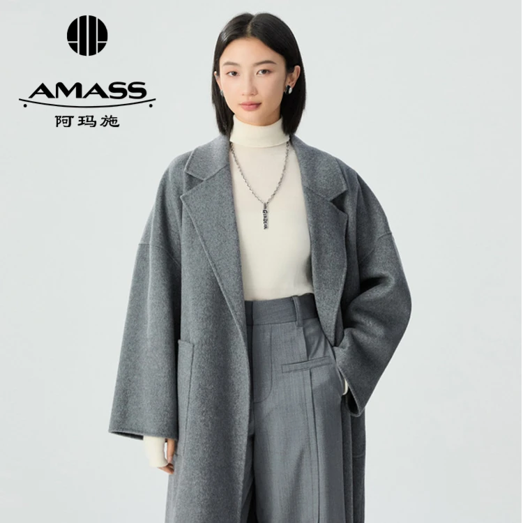 AMASS/阿玛施简洁大气廓形大口袋长款双面呢大衣女5400952雅丹风