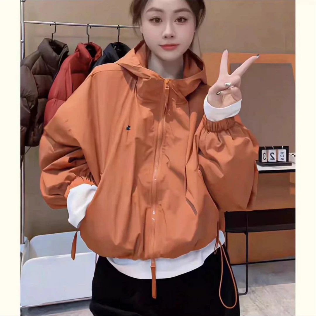 [032]春秋新款短款连帽外套小个子抽绳休闲宽松冲锋衣夹克上衣