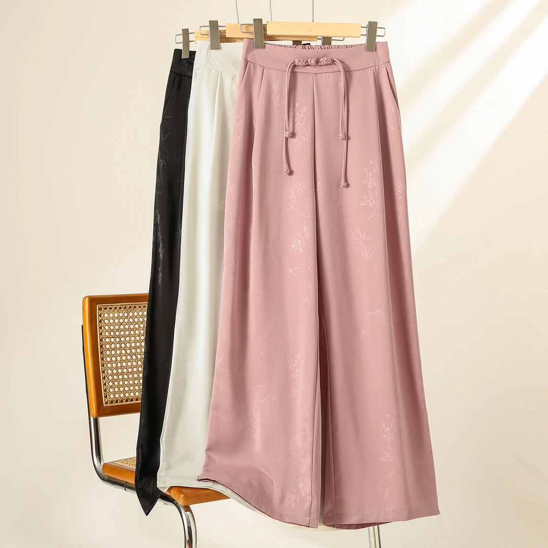 高端云锦缎提花窄版垂感阔腿裤女2025春季新款国风复古中式显瘦裤