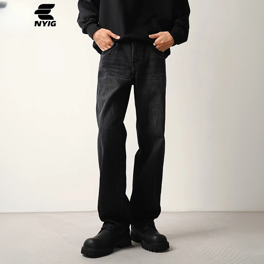 NYIG品牌黑色直筒秋冬水洗裤子牛仔裤男装男款爆款网红冬季男裤