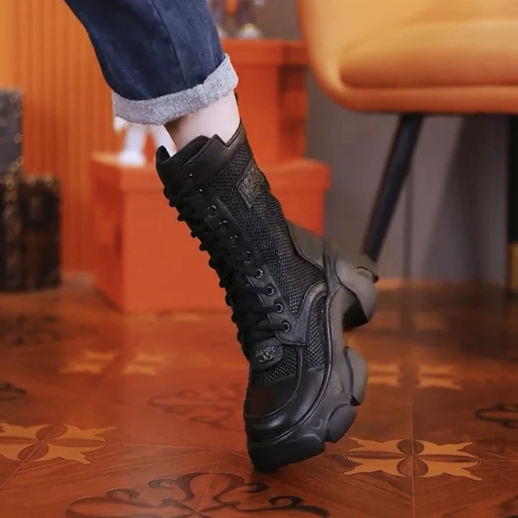 真皮厚底马丁靴女2025薄款夏季新款网纱镂空透气小个子增高中筒靴