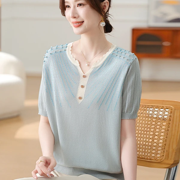 妈妈夏装T恤女冰丝上衣洋气中老年高档短袖女年轻中年小衫母亲节