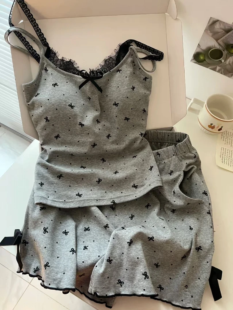 【DMXJ大梦想家】蝴蝶结印花性感吊带胸垫睡衣女春秋短裤家居服套装