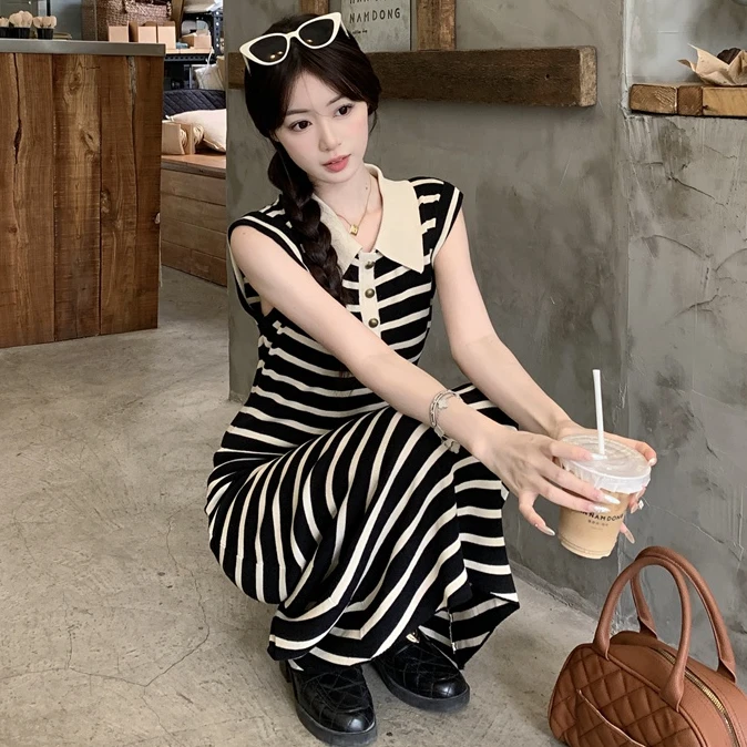 连衣裙夏季轻奢高级感polo裙法式复古条纹褶皱显瘦百搭收腰连衣裙