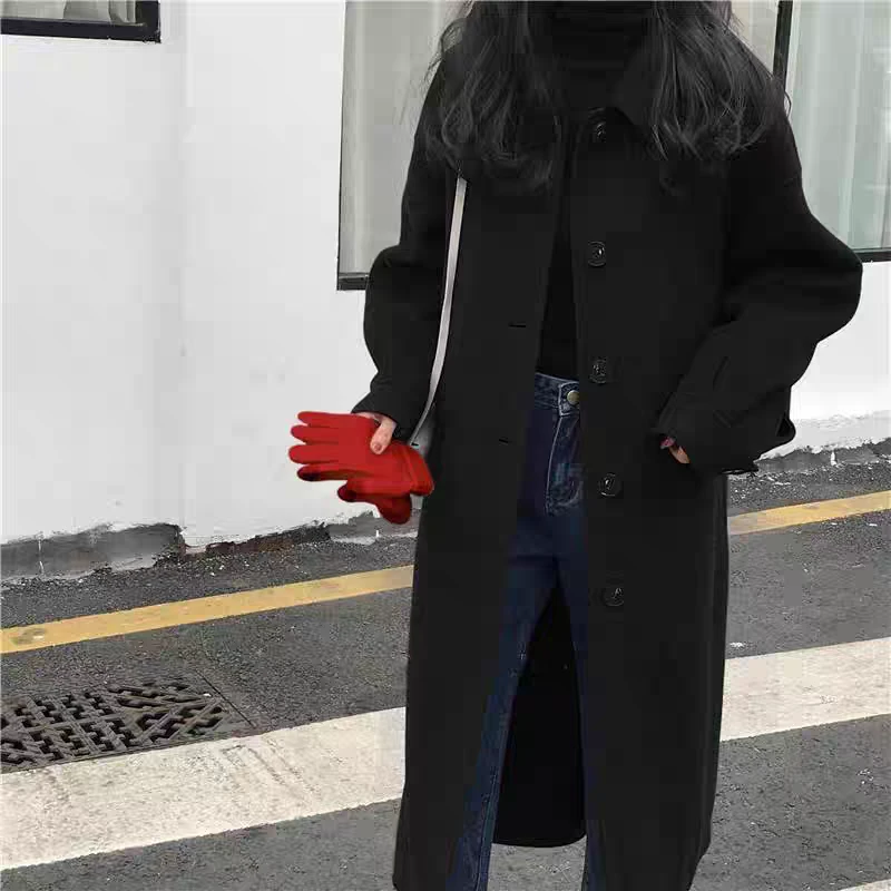 秋冬新款双面羊毛大衣女中长款韩版复古红色战袍宽松羊毛呢子外套