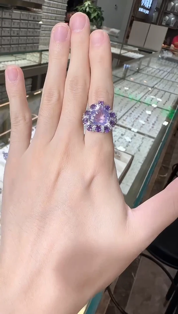 银S925镶嵌戒指水晶14mm薰衣草