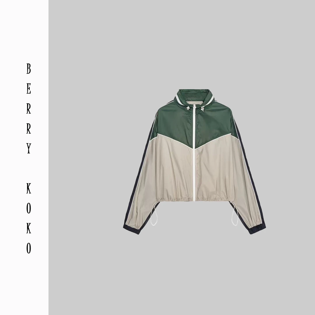 撞色复古款立领（内带帽子）拼接压条防水拉链抽绳防晒夹克外套Y375