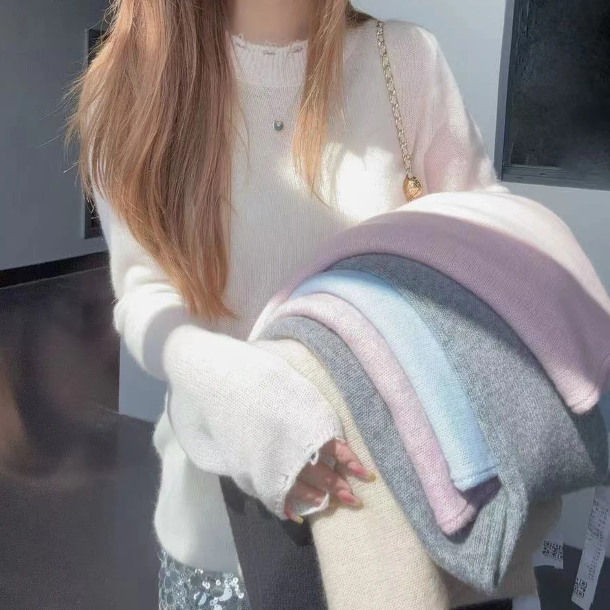 【一穿就服款】241459秋冬必备羊绒打底衫升级款长袖破洞设计时尚款