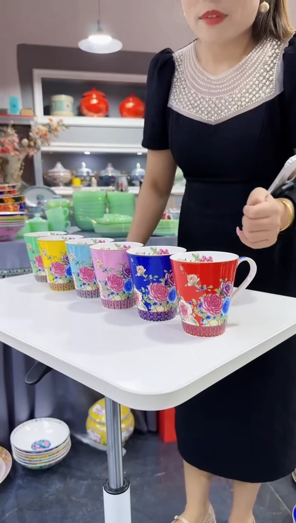 珐琅 牡丹花卉杯子6只装景德镇陶瓷