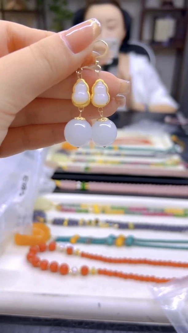 和田玉（白玉）14K金镶嵌耳饰DIY款E851