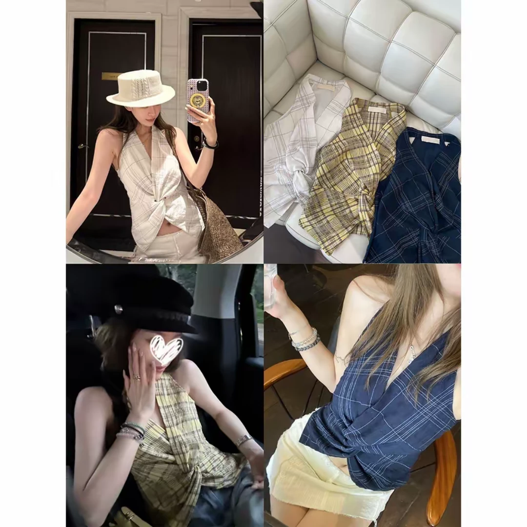 3色格子纽结收腰挂脖上衣通勤