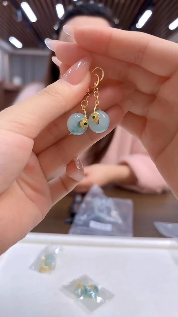 14K金镶嵌翡翠耳饰DIY款E978