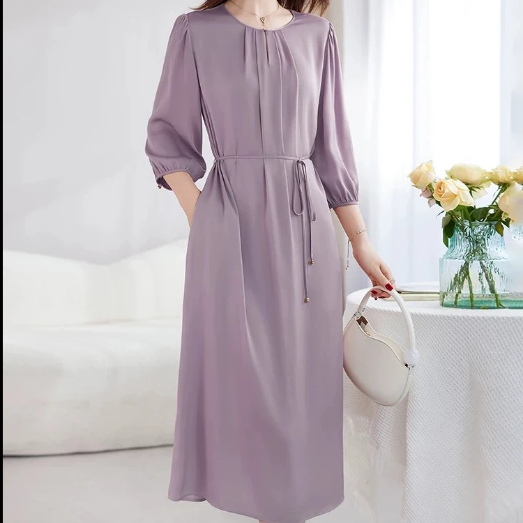 250343夏季修身新款重磅真丝弹力双乔连衣裙法式收腰时尚