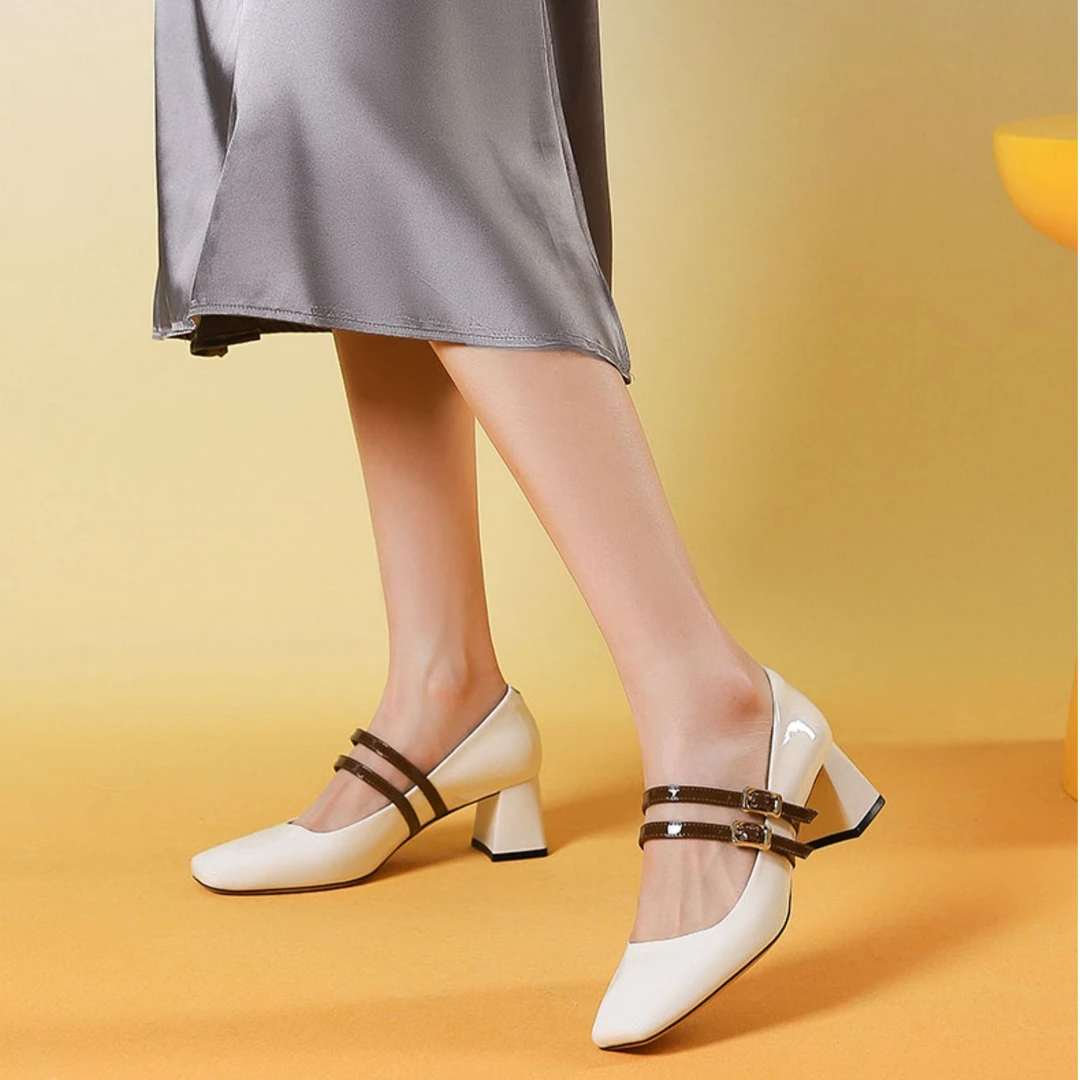 Harson/哈森秋季时尚气质百搭高跟鞋粗跟低跟漆皮跟鞋HWS240126