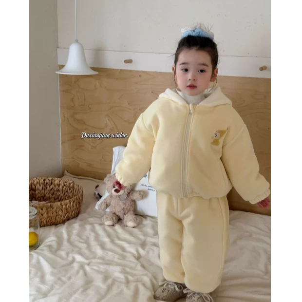 女童冬季新款夹棉加厚保暖棉衣套装女宝宝休闲百搭加厚两件套