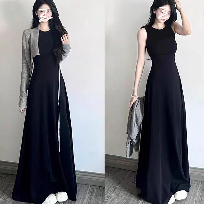 黑色吊带慵懒感休闲连衣裙女夏季气质收腰长裙a字背心大摆裙