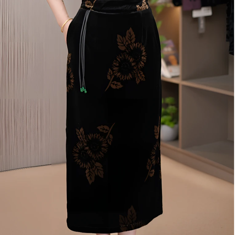 真丝丝绒款显瘦A字裙高腰雕花修身中国风半身裙百搭