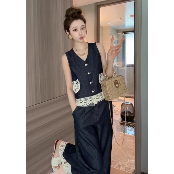 欧货正品蕾丝拼接牛仔两件套女V领马夹+阔腿长裤时尚洋气减龄套装