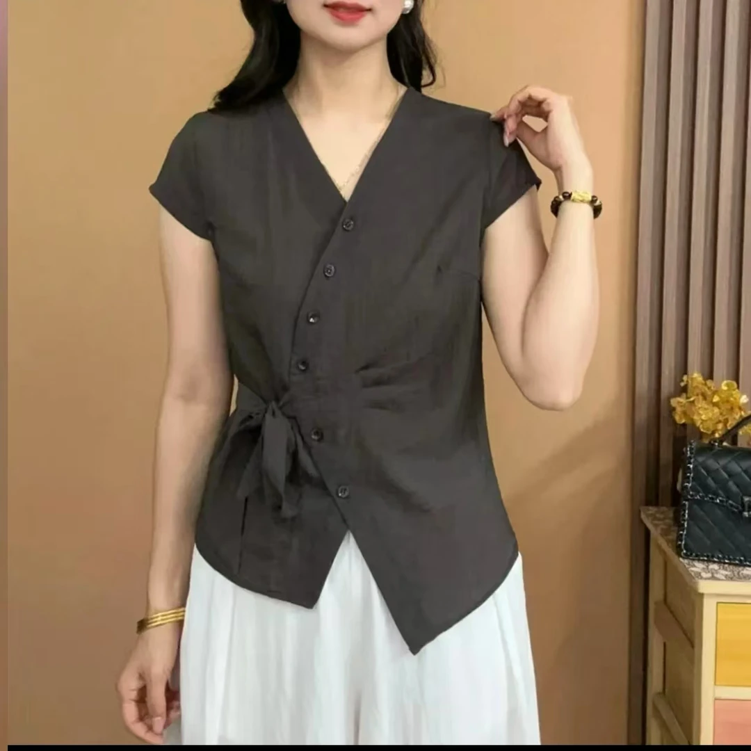 夏款纯色休闲风显瘦欧若新中式洋气时尚收腰气质v领上衣