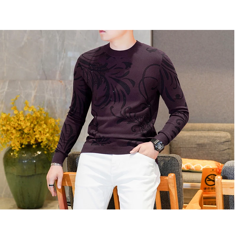 罗尔基那斯高档紫色羊绒混纺针织衫男士提花毛衣打底衫秋冬潮欧货