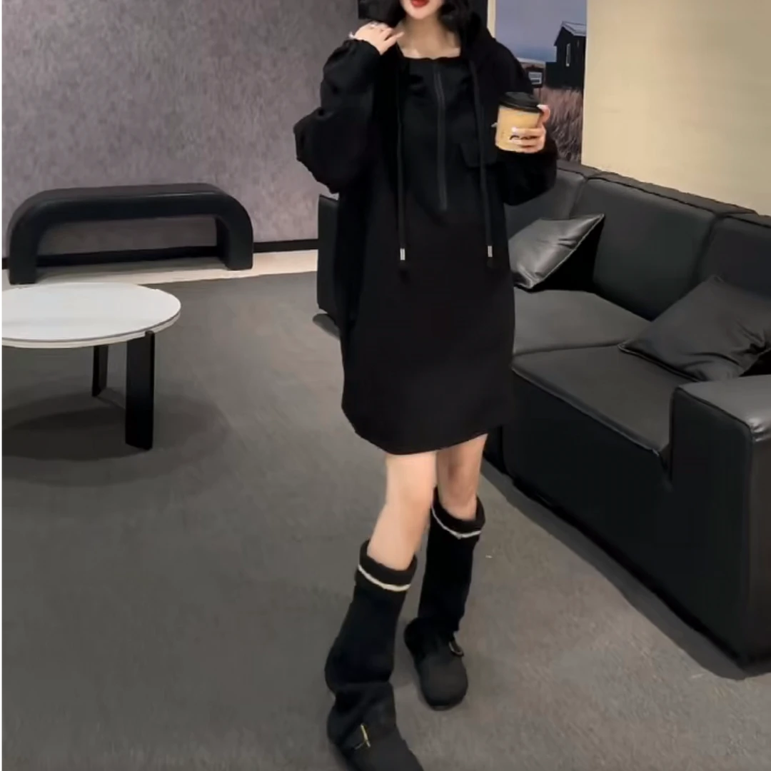 拉链连帽宽松卫衣裙女 大码欧货显瘦气质时尚百搭秋冬