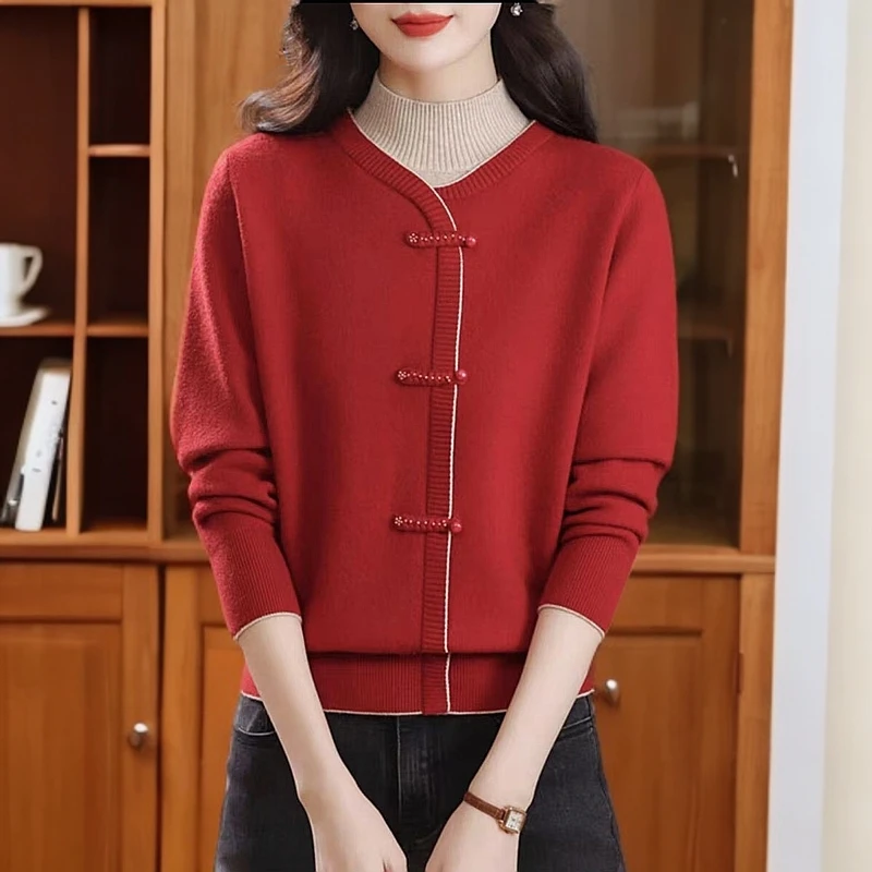 【时光锦】秋冬百搭半高领针织开衫假两件时尚洋气撞色羊毛衫88026