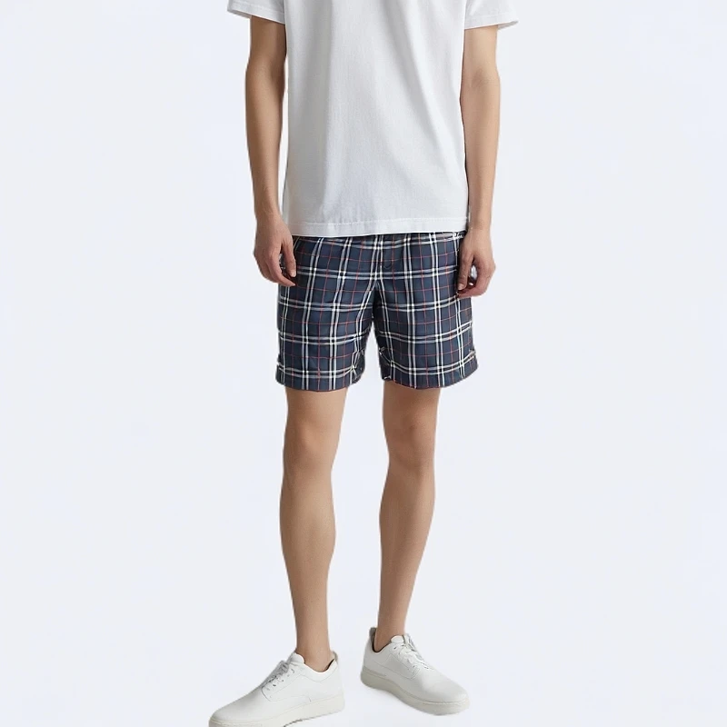 全新未使用 BURBERRY/博柏利 12374962经典格纹抽绳短裤墨蓝 M码