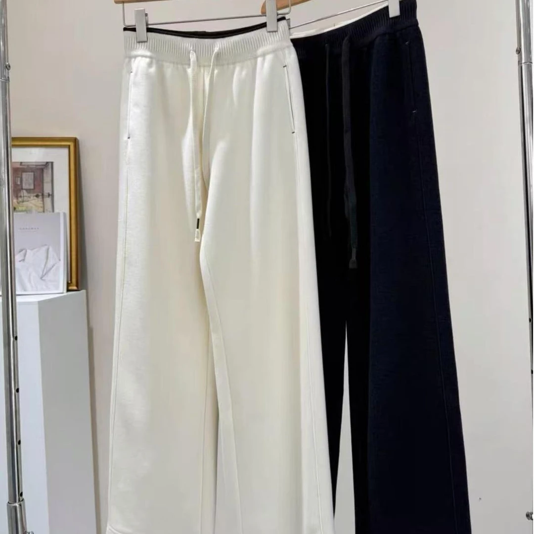 BB-3503秋冬新款拼色松紧腰抽绳羊绒直筒裤