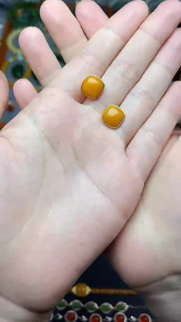 蜜蜡银S925镶嵌耳饰耳钉 06