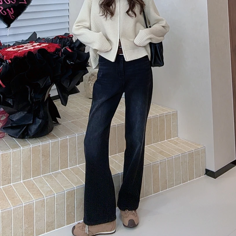 【ZMMY严选私服】冬季新款休闲高腰窄版加绒直筒牛仔裤6010405