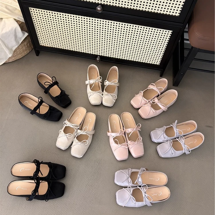 米微新款法式蝴蝶结内增高单鞋女浅口一字带方头玛丽珍鞋子软底