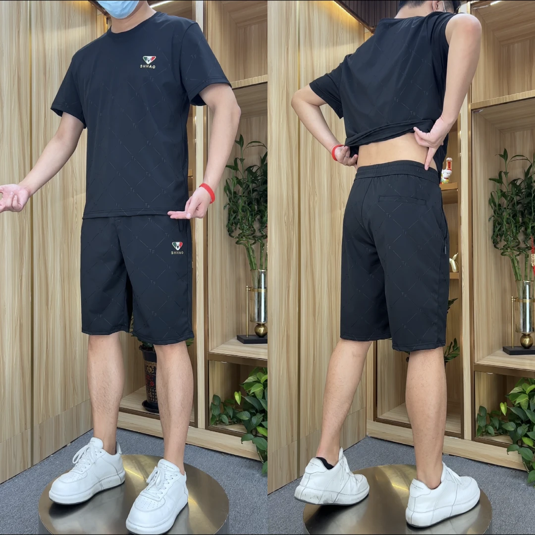 男士夏季超薄暗花冰丝速干套装 059