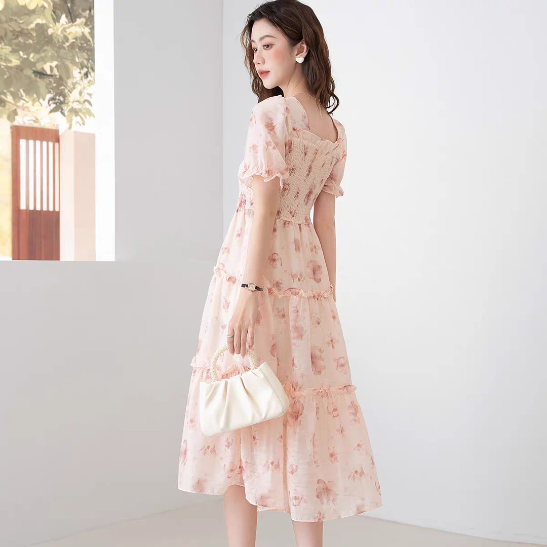 法式夏季气质韩版碎花连衣裙长裙甜辣碎花裙子收腰仙女裙泡泡袖