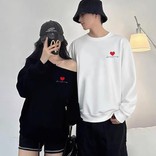 情侣装卫衣秋冬季新款一男一女斜肩纯棉卫衣宽松韩版潮流情侣卫衣