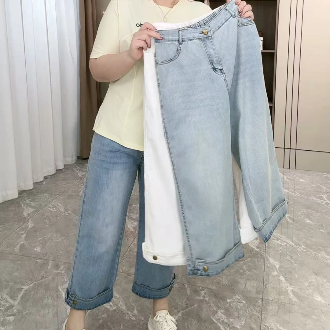 90209翻边纽扣八分半直筒牛仔裤