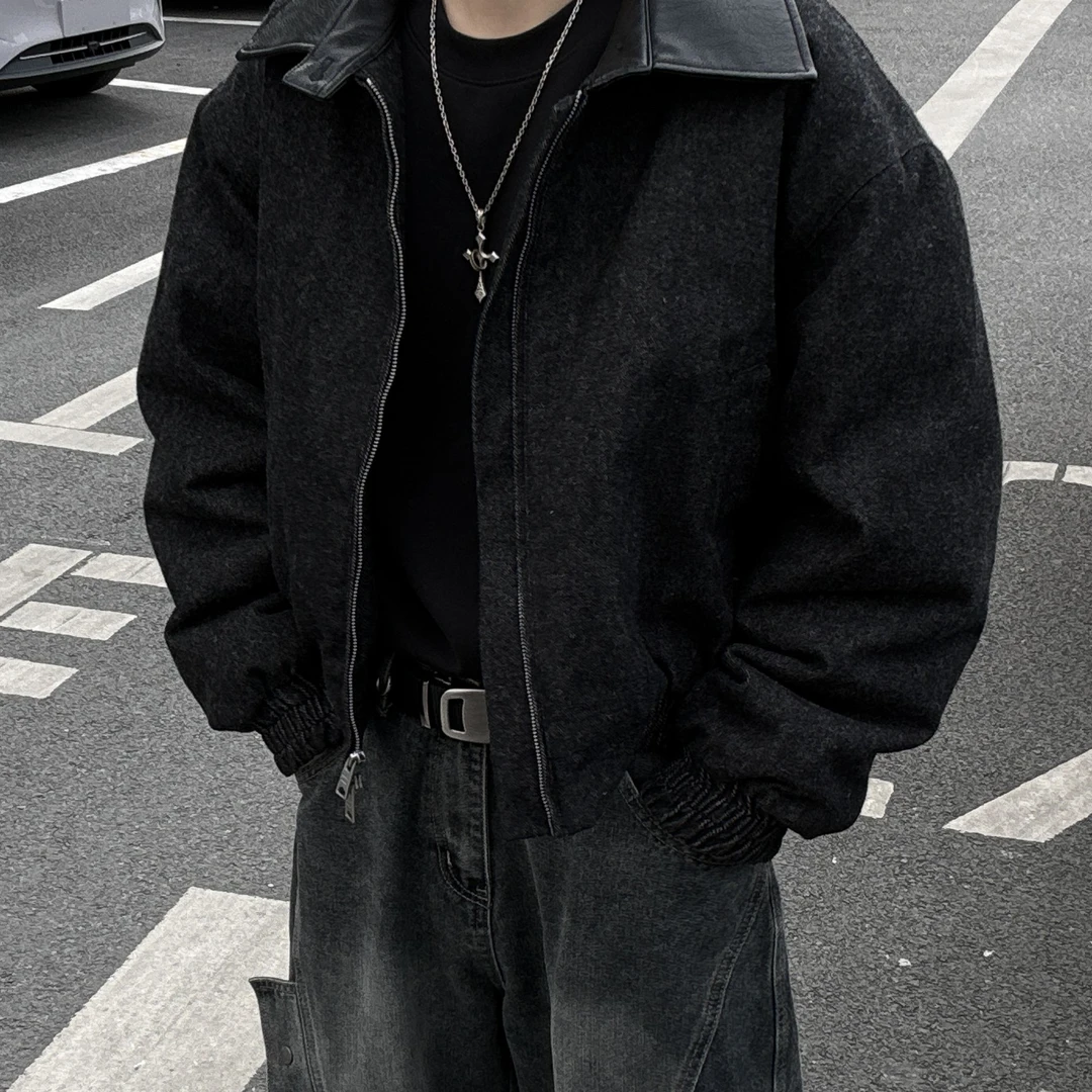 11LEVEN牛仔皮领夹棉外套领口拼接皮宽松短外套加绒翻领高级百搭