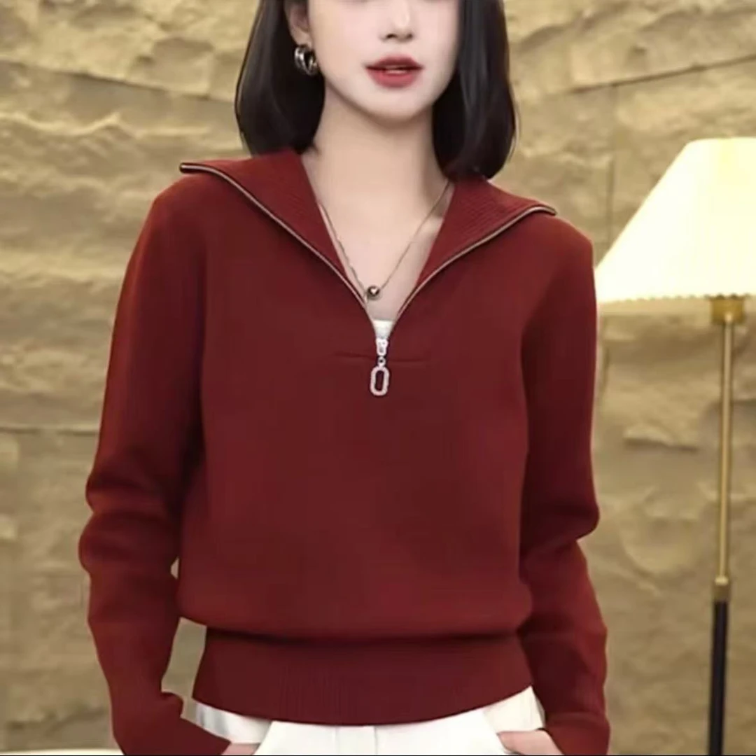 高档半拉链纯色打底衫2024秋冬新款软糯套头舒适百搭毛衣时尚简约