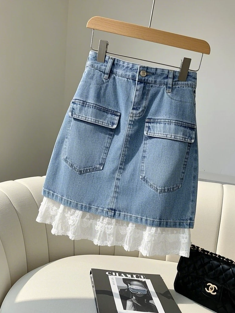 2025夏季爆款女洋气衣服韩版蓝色牛仔半身裙高腰蕾丝拼接A字短裙