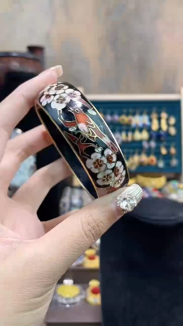 非遗手工景泰蓝开口银蓝镯子黑色