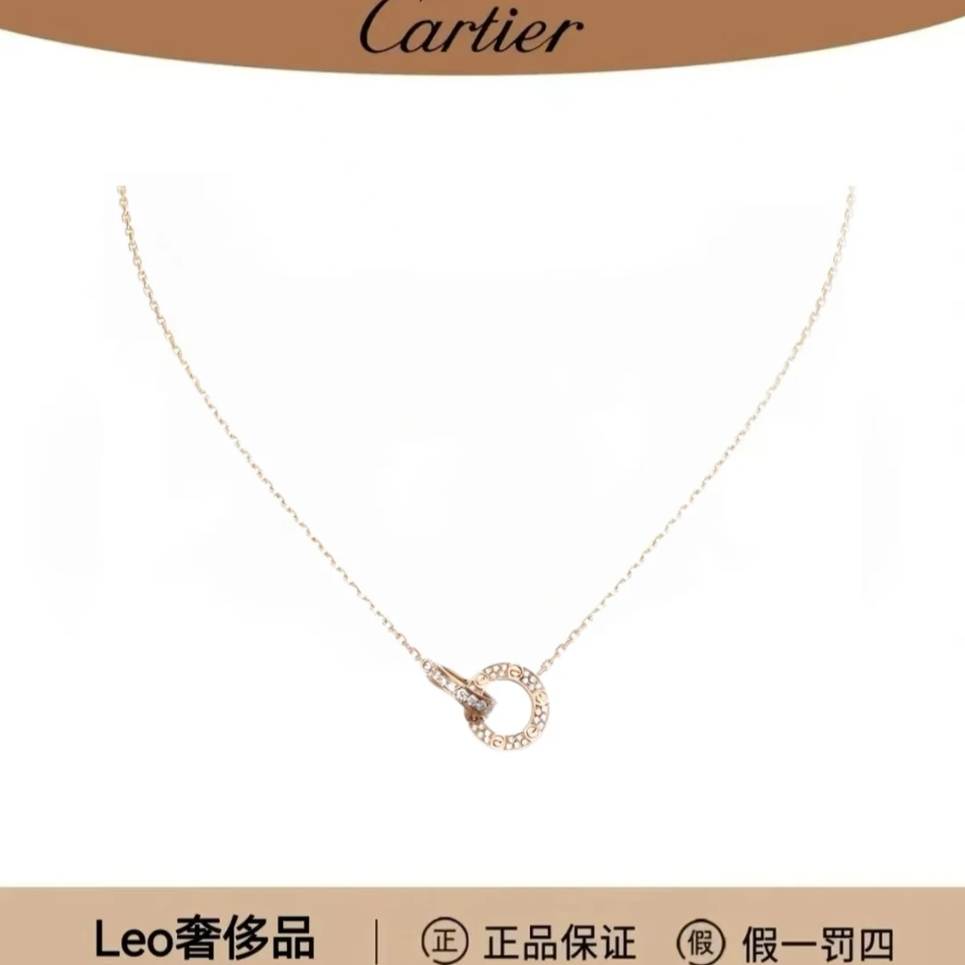 99新 Cartier/卡地亚 LOVE系列玫瑰金满钻满天星双环小圆饼项链