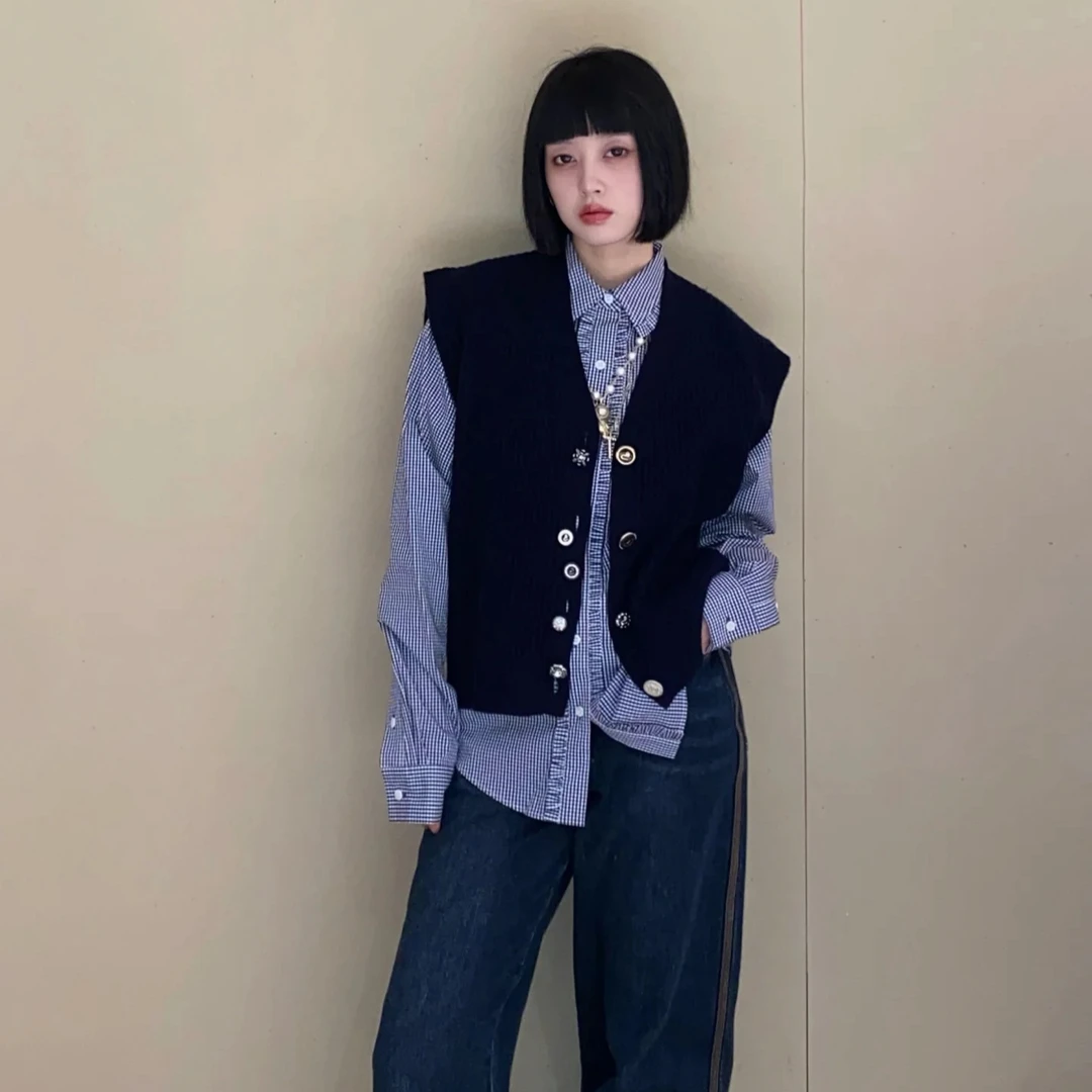 【0128】2025春季新款木耳边设计感长袖格子衬衫上衣女