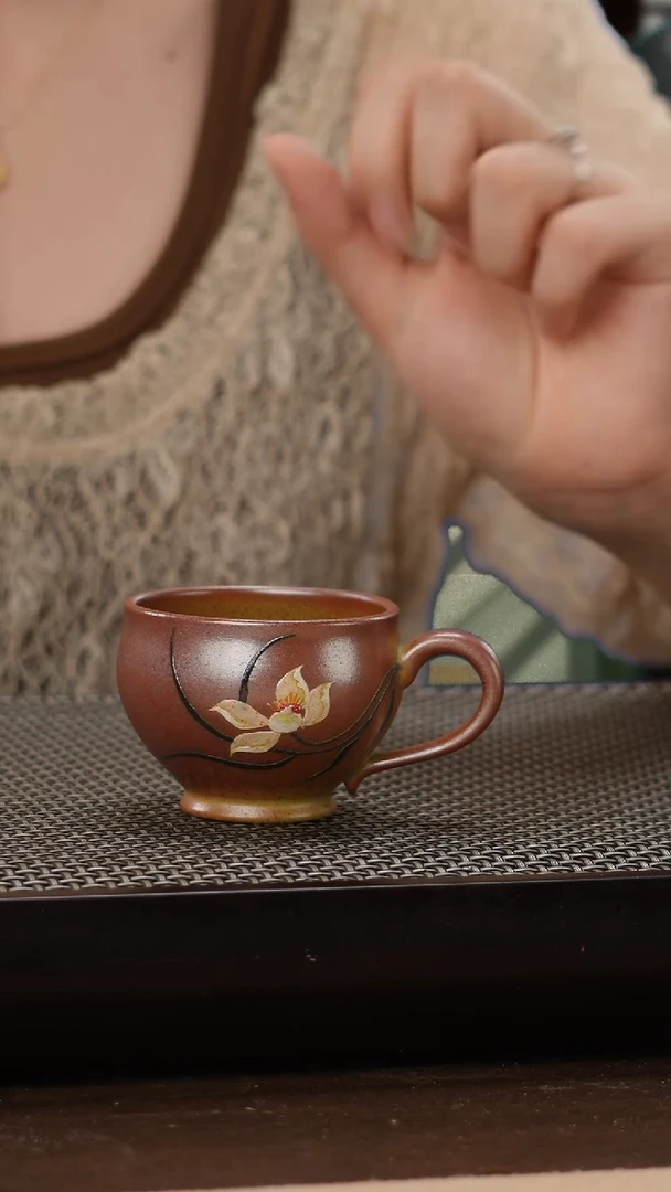 茶壶紫砂高温段泥火云烧荷花泥绘把杯100cc