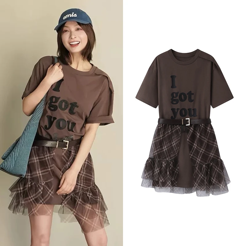 【连衣裙】吴昕明星同款2025夏季潮流格纹纱裙拼接连衣裙N5780