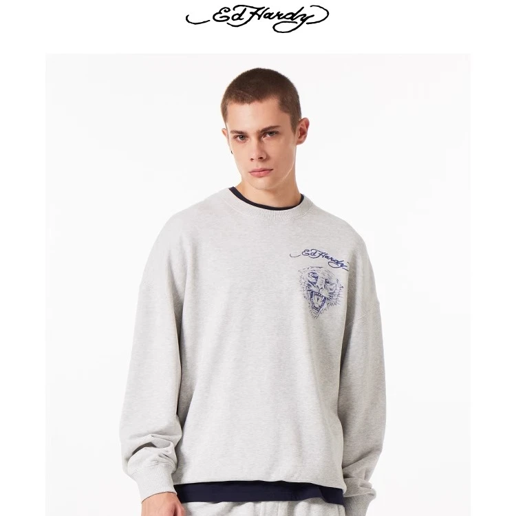 Ed Hardy埃德哈迪美式复古手绘虎头情侣圆领套头潮牌卫衣E1PTM409
